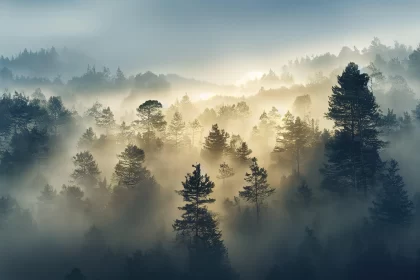 Misty Sunrise Over Pine Forest - Ethereal Morning Landscape