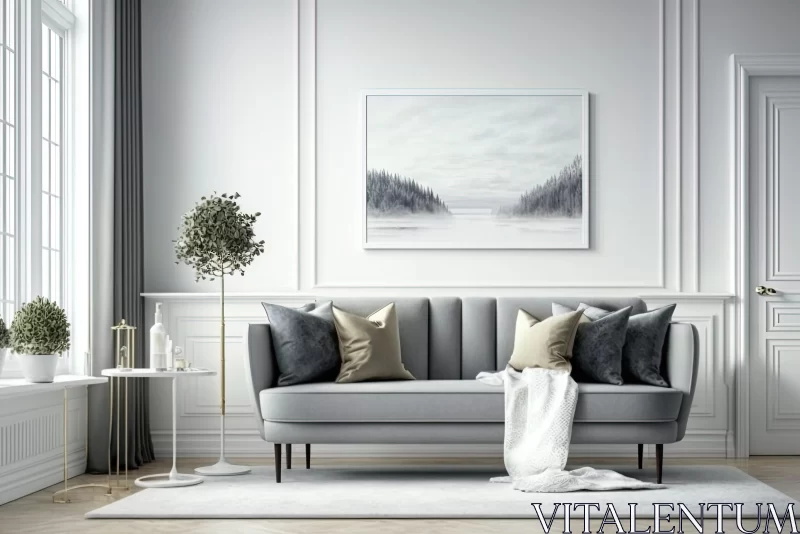 Modern Living Room with Gray Sofa: A Neoclassical Snow Scene AI Image
