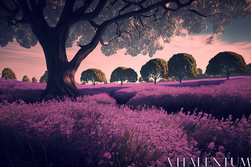 Surreal Lavender Field at Sunset - Monochrome Landscapes AI Image