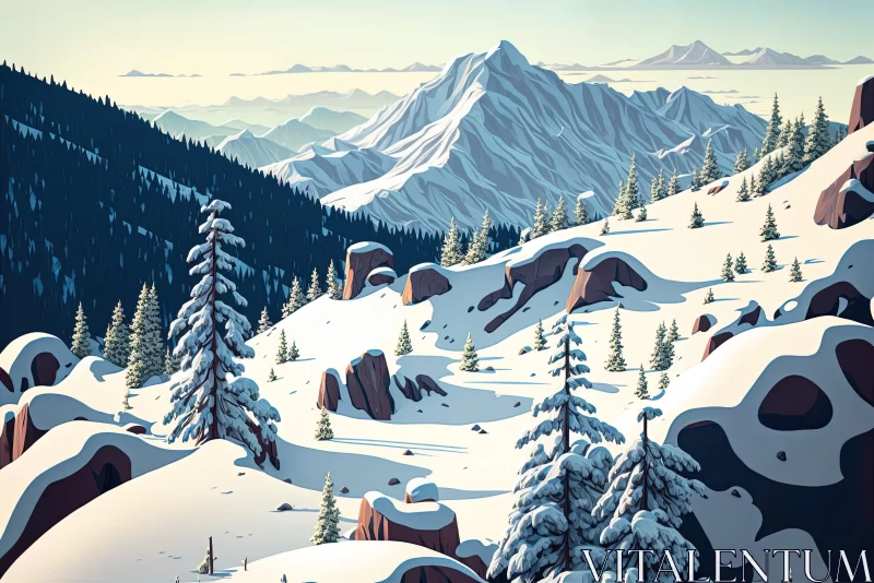 Winter Landscape: Cartoonish Mountains and Forests AI Image