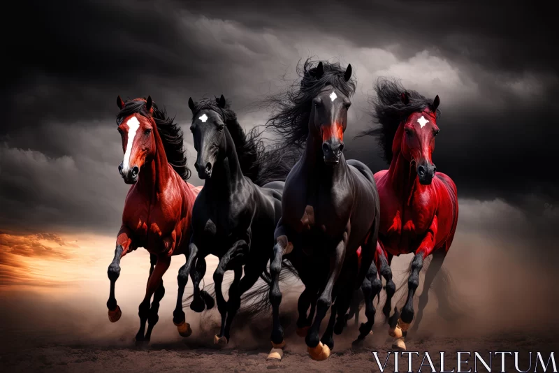 Four Horses Running in a Field under a Stormy Sky AI Image