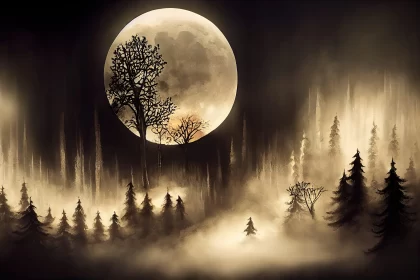 Full Moon Over Foggy Forest - Fantasy Airbrush Art