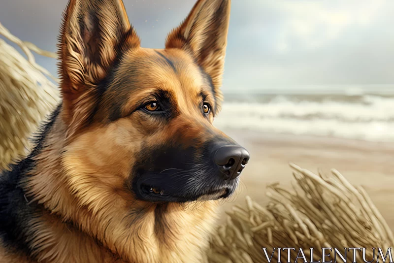German Shepherd on Beach: A Digital Painting in Realistic Style AI Image