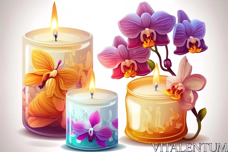 Orchid Candle Arrangement: Asian-Inspired Still Life AI Image