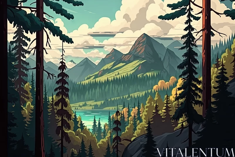 Serene Mountain Valley Illustration with a Cabincore Aesthetic AI Image