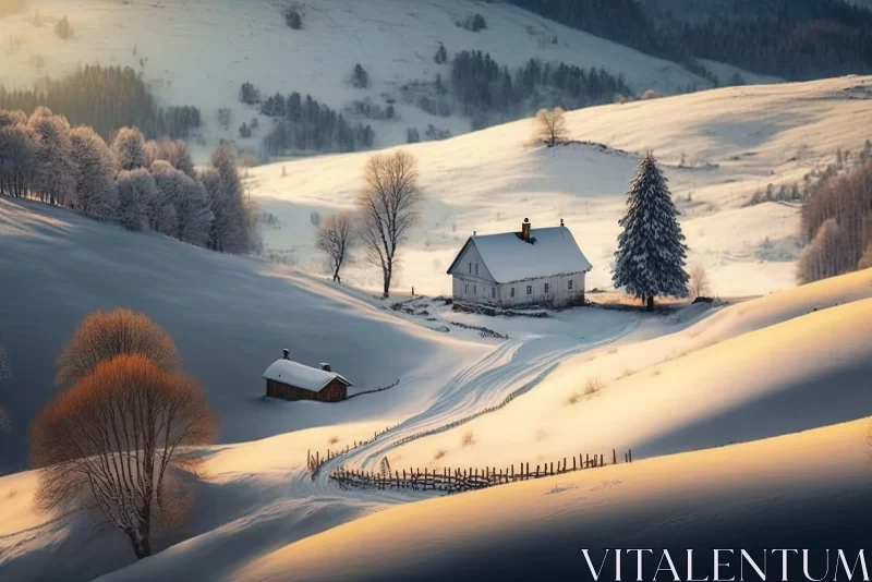 AI ART Serene Snowy Landscape with House - Dreamy Winter Scene