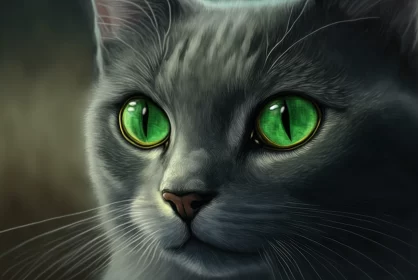 Fantasy Cat Portrait with Green Eyes - Digital Illustration