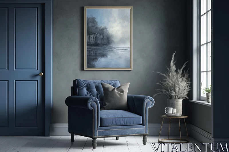 Moody Bedroom with Sea Blue Arm Chair and Abstract Painting AI Image
