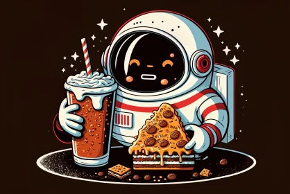 Cute Astronaut with Pizza and Drinks - Cartoon Art