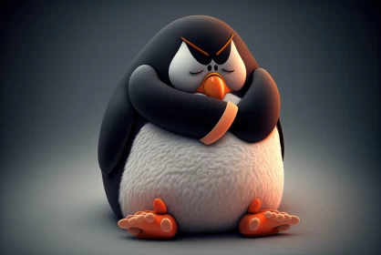 Emotionally Charged Cartoon Penguin on Grey Background AI Image