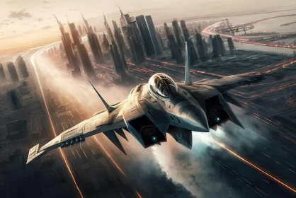 Futuristic Realism: Fighter Jet Over Urban Landscape