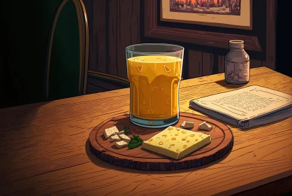 Graphic Novel Style Illustration: Juice and Cheese on a Wooden Table AI Image