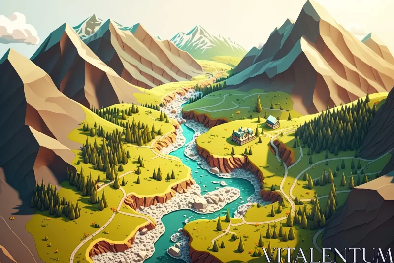 Mountain Range 3D Illustration: Folk-Inspired Americana Iconography AI Image