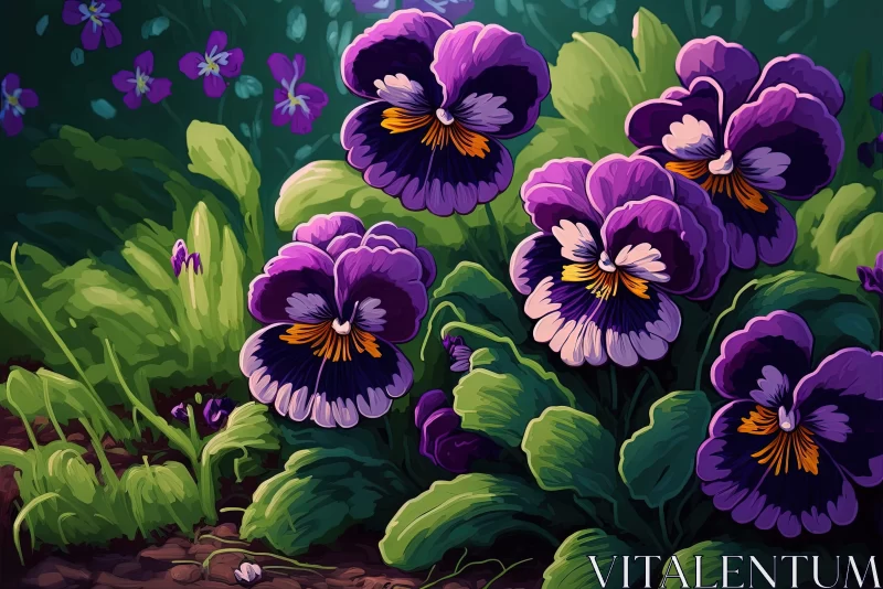 Purple Pansies in Forest: A Richly Colored Artistic Representation AI Image