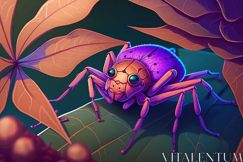 Purple Spider on Leaf: 2D Game Art Illustration AI Image