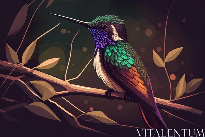 Colorful Hummingbird on Branch - Chiaroscuro Style Game Art AI Image
