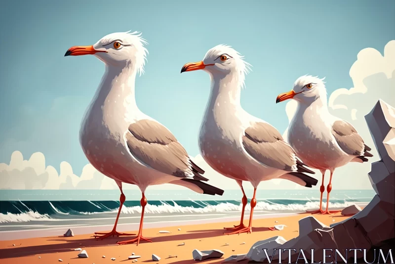 Detailed Seagull Illustrations on Beach AI Image