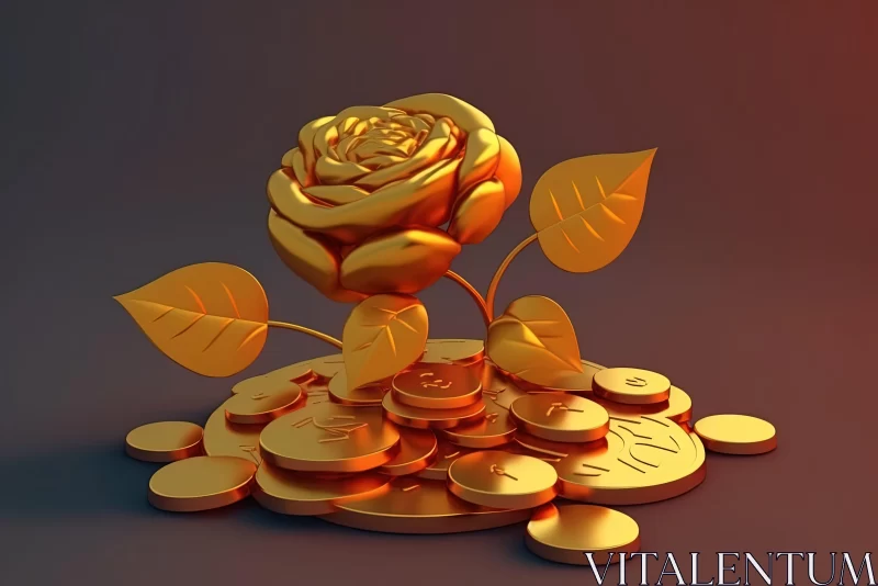 AI ART Surrealist Golden Rose on Coins - A Flowerpunk Monochromatic Illustration