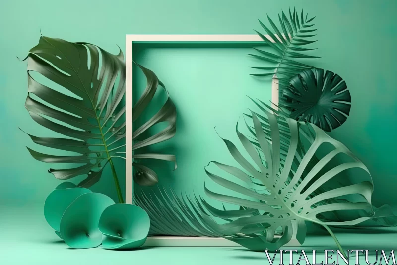 3D Rendered Tropical Frame with Green Leaves and Light Teal Hue AI Image
