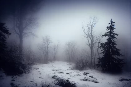 Eerie Winter Fog Over Snow-Covered Forest