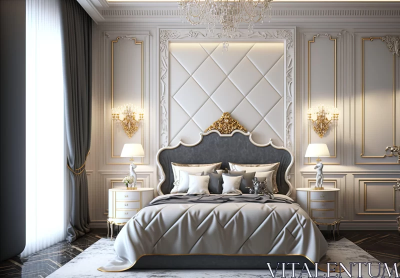 Elegant Bedroom in Neoclassical Style with Gold and Silver Accents AI Image