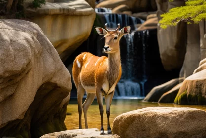 Lifelike Deer Near a Waterfall: A Fusion of African and Heian Influences