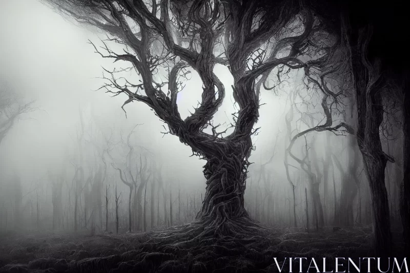 Mysterious Dark Foggy Tree - Digital Art AI Image