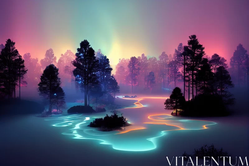 Neon Illuminated Forest and River - Tranquil and Colorful Landscape AI Image