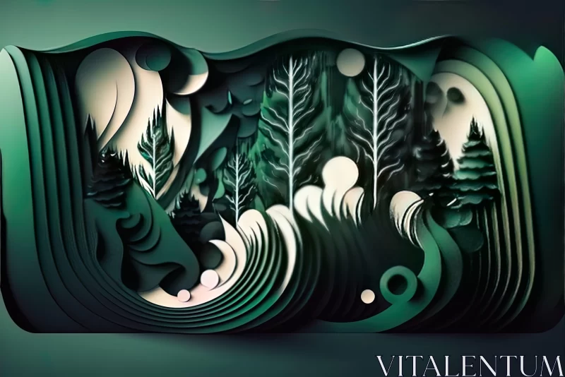 Paper Art Wilderness: Forest Trees and Ocean Waves AI Image