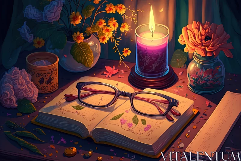 Serene Study Space with Book, Candle, and Flower Art AI Image