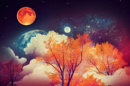 Enchanting Evening: Orange Moon Over Forest