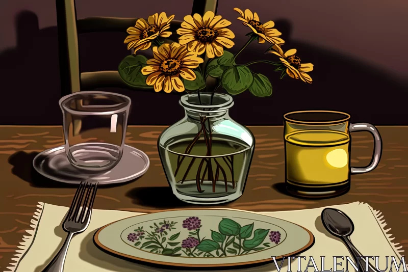 Floralpunk Tavern: A Digital Rendering of a Table Setting AI Image