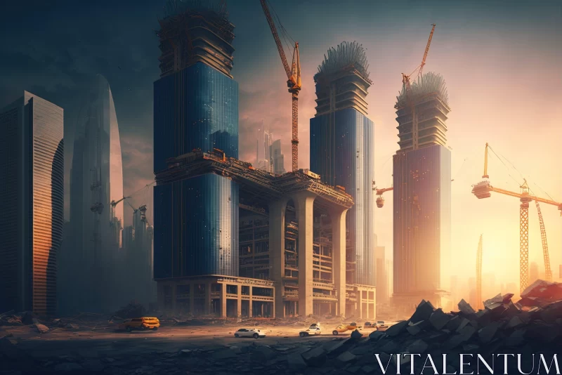 Futuristic City Under Construction - A Matte Painting in Dark Cyan and Gold AI Image