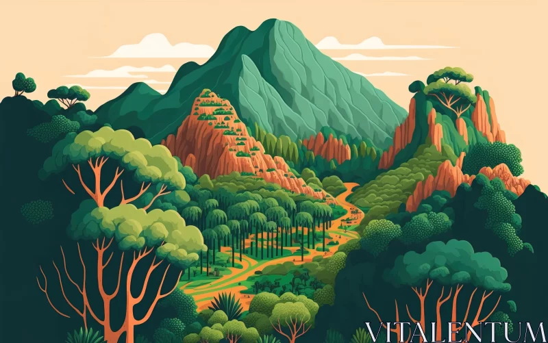Mesoamerican Inspired Landscape Illustration in Bright Colors AI Image
