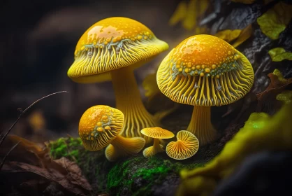 Mystical Yellow Mushrooms - A Surreal Nature's Portraiture AI Image