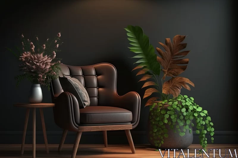 Romantic Atmosphere in a Dark Room with Armchair and Tropical Plants AI Image
