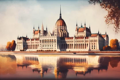 Watercolor Illustration of the Hungarian Parliament Building in Autumn