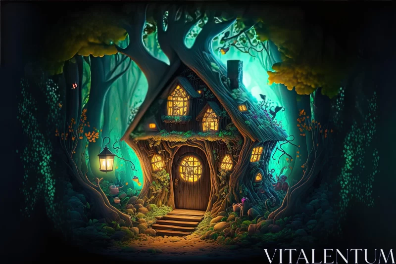 Enchanting Fairy Tale House in the Forest Illustration AI Image