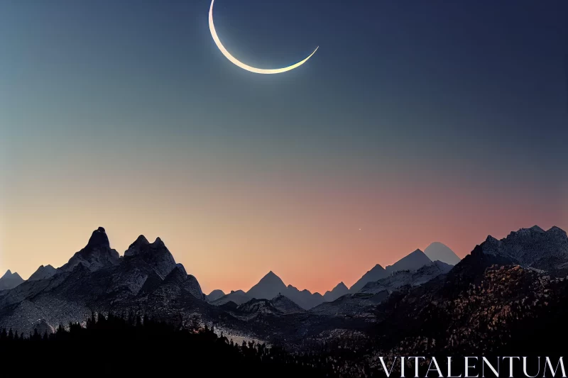 Serene Simplicity: Crescent Moon over Mountain Landscape AI Image