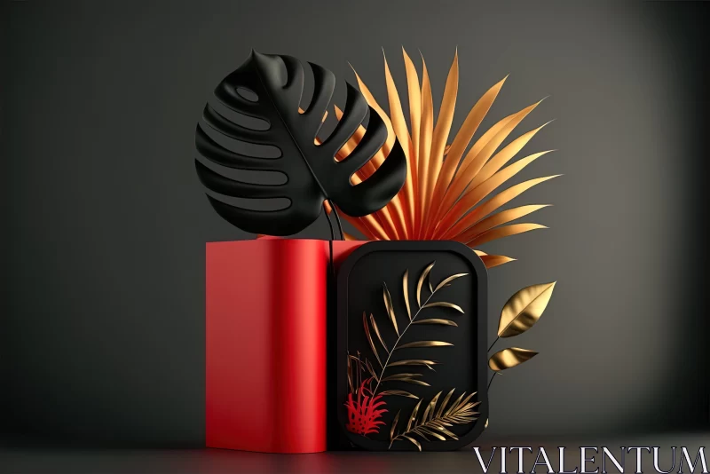 3D Illustration of Red Gold Boxes with Palm Leaves AI Image
