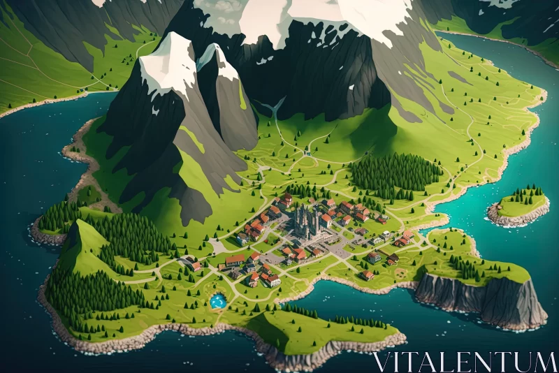 3D Isometric Village Amidst Norwegian Nature AI Image