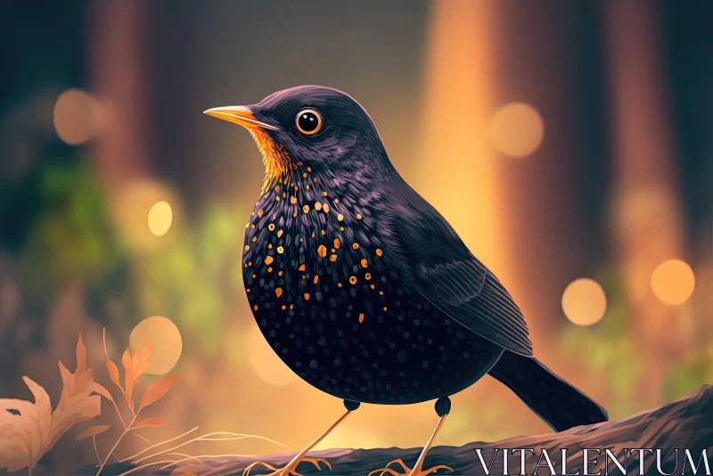 Black Bird in Forest: Detailed Illustration with Golden Light AI Image