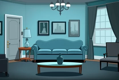 Blue Living Room in Cartoon Composition and Suburban Gothic Style