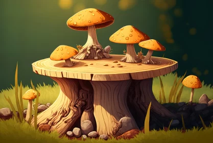 Fantasy Mushroom Set on Tree Stump - Digital Art Landscape AI Image