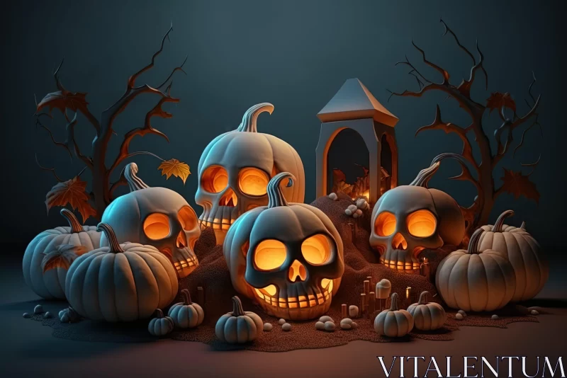 Halloween Scene with Lighted Pumpkins and Skeletons AI Image