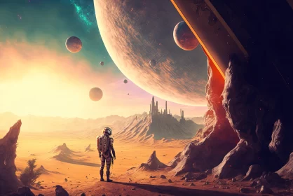 Man Amidst Planetary Wonders: A Futuristic Landscape