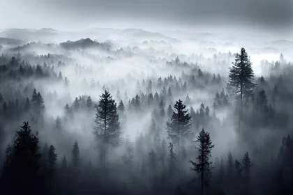 Mysterious Foggy Forest Mountain - Monochromatic Landscape