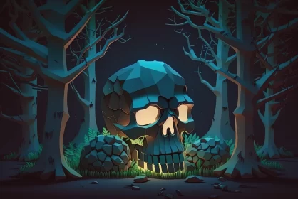 Night Forest Mystery: Skull amidst Stone Sculptures