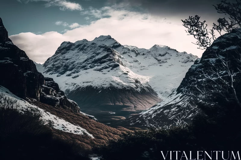 Snow-Covered Mountain Under Dark Sky AI Image