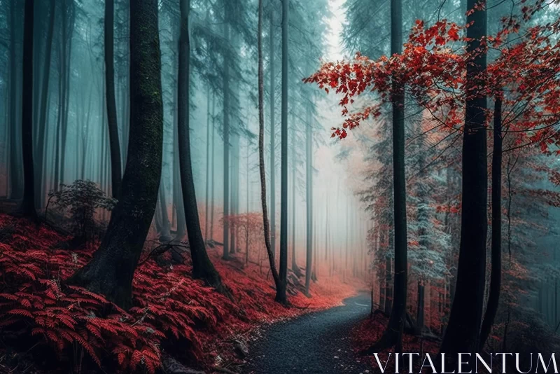 Foggy Forest Pathway with Red Foliage - Surreal Landscape AI Image